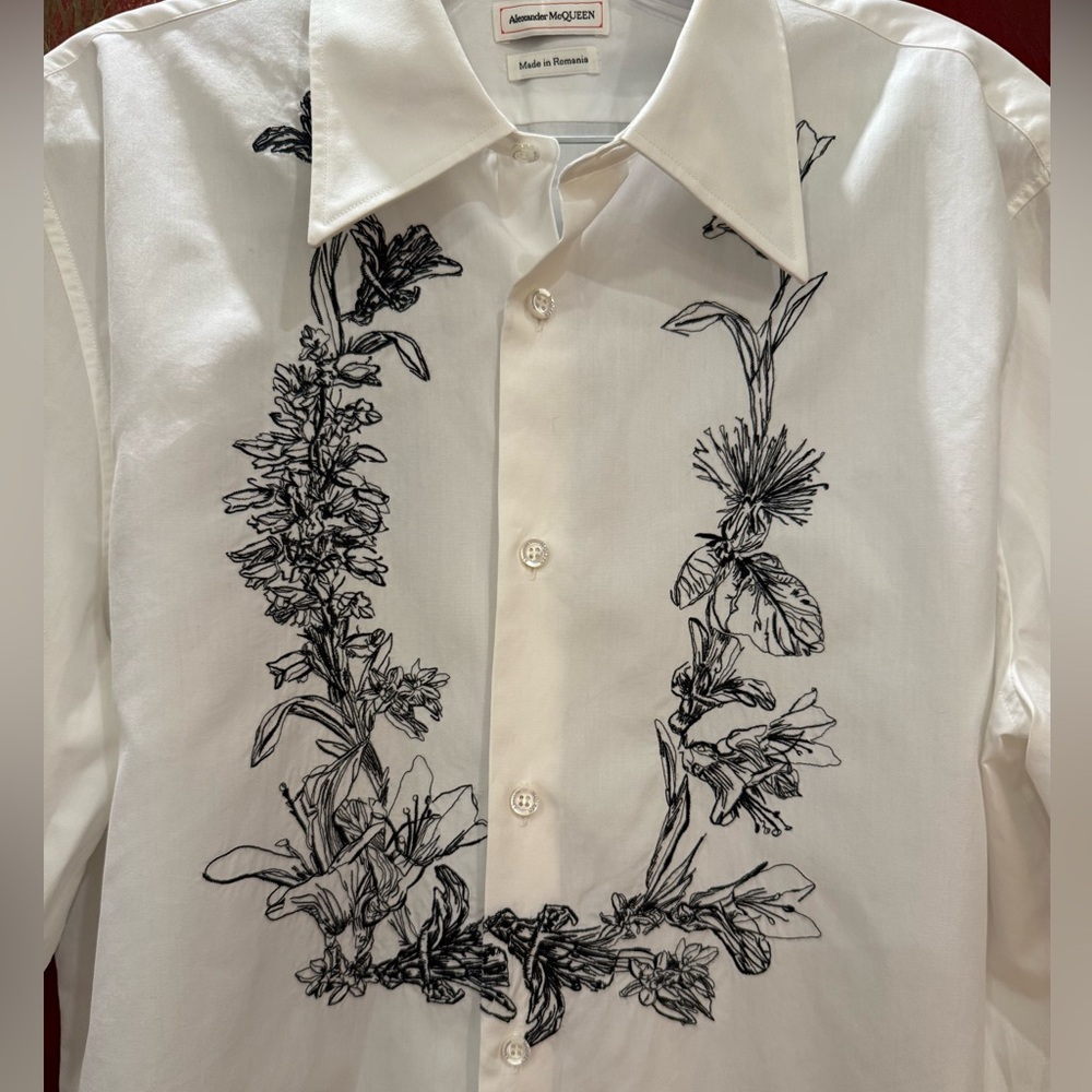 BEAUTIFUL ALEXANDER MCQUEEN 16.5 MENS DRESS SHIRT BOTANICAL EMBROIDERY L